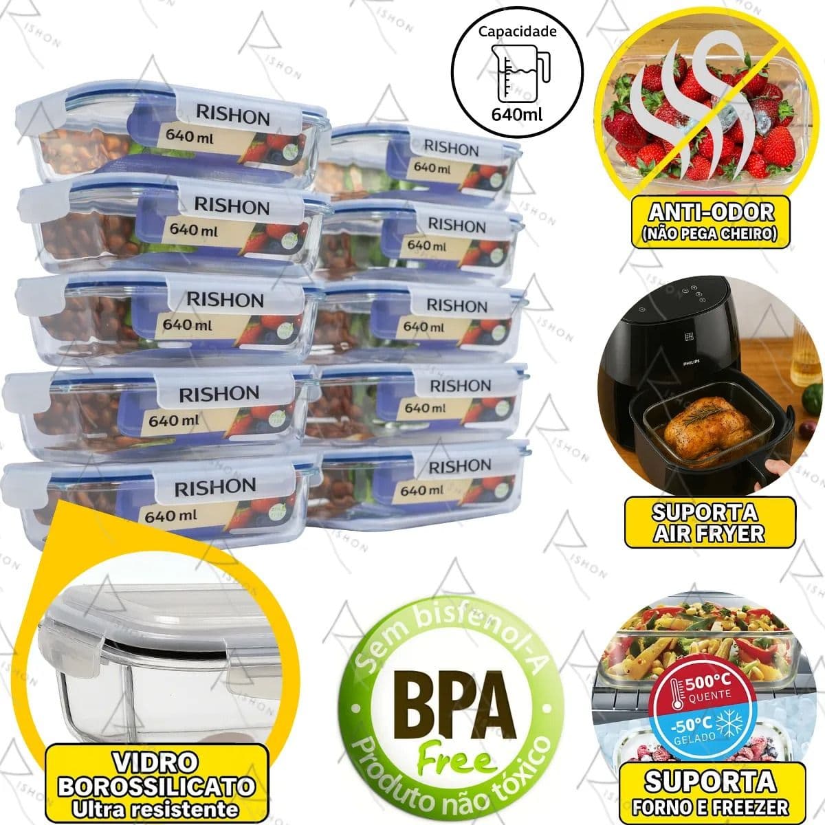 Kit 10 Pote De Vidro Marmita Hermetico 640ml Freezer Fitness Rishon